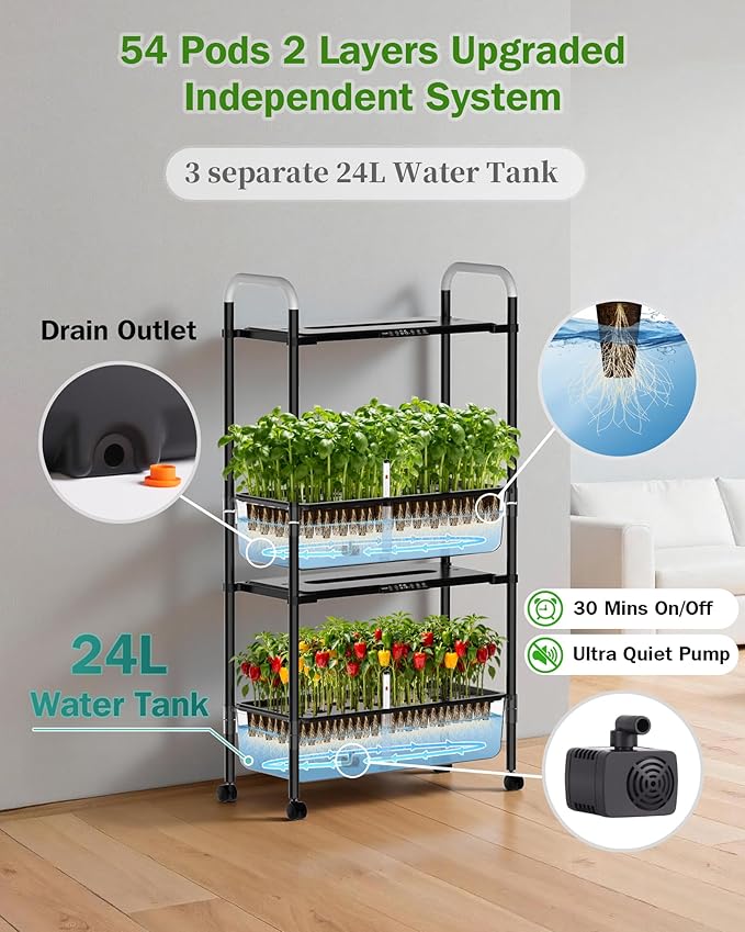 Growell Large Hydroponics Growing System Kit, Vertical Indoor Herb Garden Kit with LED Grow Light & Independent Water Pump, 28L Movable Indoor Planter Perfect Gardening Gifts (2 Tier-54 Pods Black)