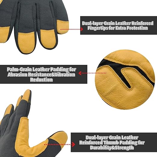 All-Purpose Work Gloves,Performance Fit Mechanics Glove,Grain Leather Knuckle Working Glove,Durable,Black+Yellow,Large