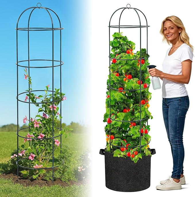 Large Trellis, Garden Obelisk Trellis for Climbing Plants Outdoor, 69" Metal Trellises for Tomato Cucumber Grape Clematis Rose Vine Support, Heavy Duty Fit 25-Gallon Container Raised Bed, Freestanding