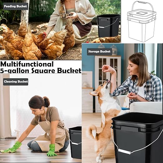 5 Gallon Bucket with Lid, Square Food Grade Plastic Pail with Metal Handles, Heavy Duty Industrial Storage Containers with Stickers, Rubber Mallet, Lid Opener (6 Pack, Black)