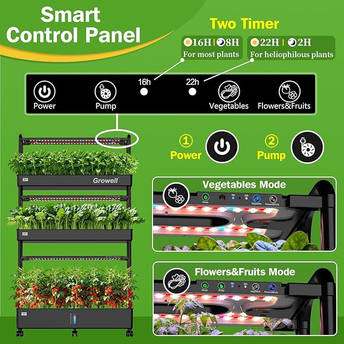 Growell Large Hydroponics Growing System Kit, 90 Pods Vertical Indoor Herb Garden Kit with 2 Light Modes & Auto Circulating Water System, 40L Movable Indoor Gardening System for Herb Vegetable Fruit