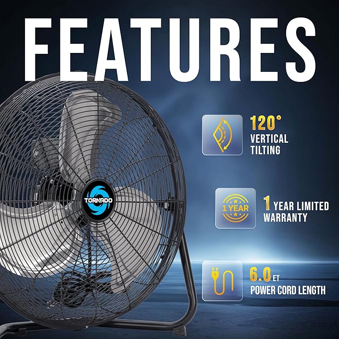 Tornado 18 Inch High Velocity Metal Floor Fan, 3-Speed Powerful Cooling for Industrial, Commercial, and Home Spaces, 120°Tilt, 6.0 FT Cord - UL safety Listed, Black