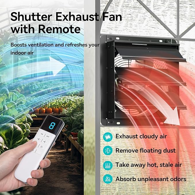 addlon 12 Shutter Exhaust Fanwith Remote Control, 8 Speeds 25W Energy Efficient DC Motors, 1200CFM, 8-Hour Timer, Garages/Greenhouse/Attic/Chicken Coop Ventilation Fan,Low Noise, Plug & Play