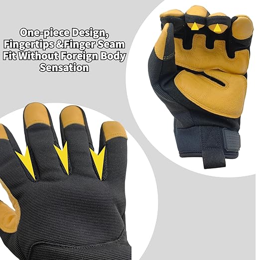 All-Purpose Work Gloves,Performance Fit Mechanics Glove,Grain Leather Knuckle Working Glove,Durable,Black+Yellow,Large