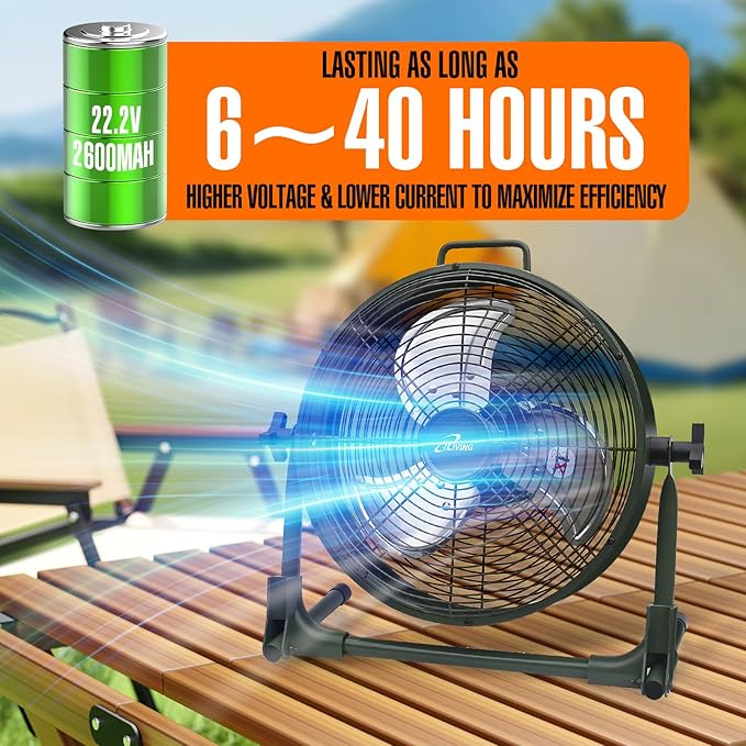 iLiving 12" Rechargeable Battery Operated Camping Floor Fan, High Velocity Portable Outdoor Fan with Metal Blade, With Built-in Lithium Battery for Whole Day Usage, 12 Inches, Military Green