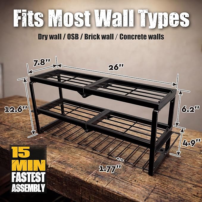 Heavy Duty Power Tool Organizer for Wall Mount Garage Storage – 320 lbs Capacity, 3-Tier Iron Wire Rack with 7 Drill Slots, Shelf for Battery Charging Station – Gift for Dad Handyman