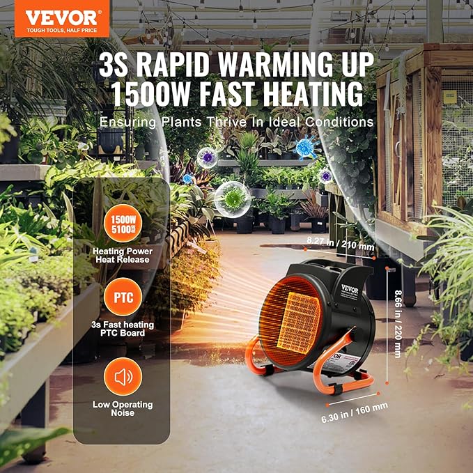 VEVOR Greenhouse Heater with Thermostat, 1500W PTC Fast Heating with Overheat Protection, 3-Speed Setting Small Grow Tent Heater, Electric Portable Heater Fan for Green House, Flower Room, Workplace