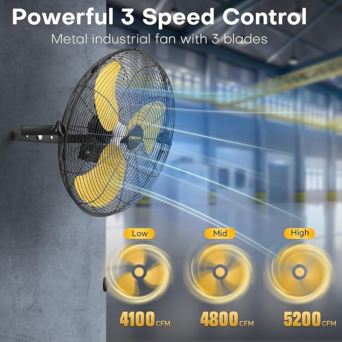 VINICAYA 20 Inch Industrial Wall Mount Fan, 5200 CFM Industrial Metal Wall Fans with Poweful Motor, 3 Speed, Heavy Duty Construction Indoor for Warehouse, Workshops, and Garage, UL Listed