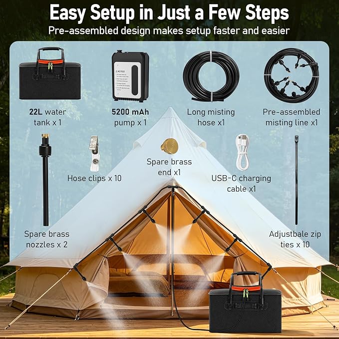 Bonviee Portable Misters for Outside Patio – Outdoor Misting System with Cordless 6000mAh Water Pump, 22L Bucket Tank, 36FT Hose with 8 Nozzles for Patio, Umbrella, Greenhouse, Camping