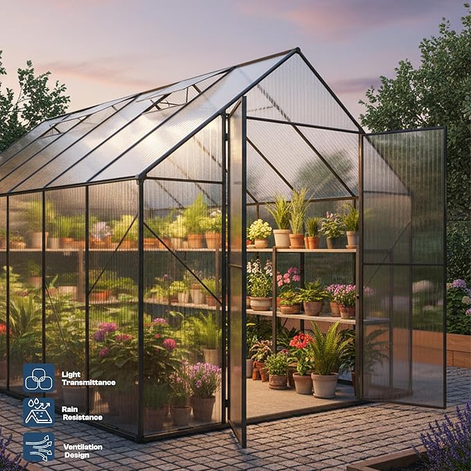 Kingdura 10x10ft Walk-in Greenhouse for Outdoors, Large Polycarbonate Greenhouses with Heavy Duty Aluminum Frame, Adjustable Roof Vent, Lockable Door, UV Protection for Outside Garden Backyard