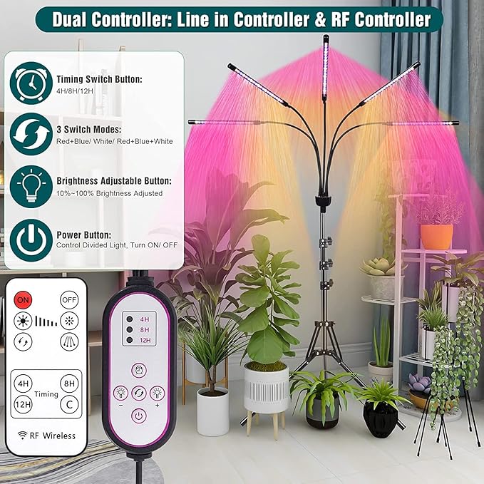 yentbokj Grow Lights for Indoor Plants,5 Heads Red Blue White Full Spectrum Plant Light with 15-60" Adjustable Tripod Stand, Indoor Grow Lamp with Remote Control and Auto On/Off Timer Function