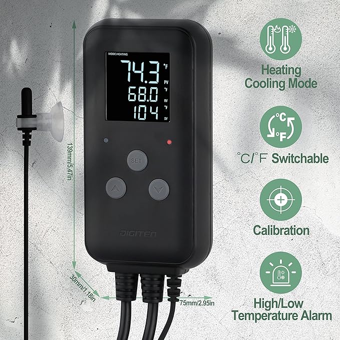 Greenhouse Temperature Controller Digital Waterproof Thermostat for Home Brewing, Fermentation, Breeding, Incubation, Terrarium, Heating & Cooling, 110V 10A 1100W