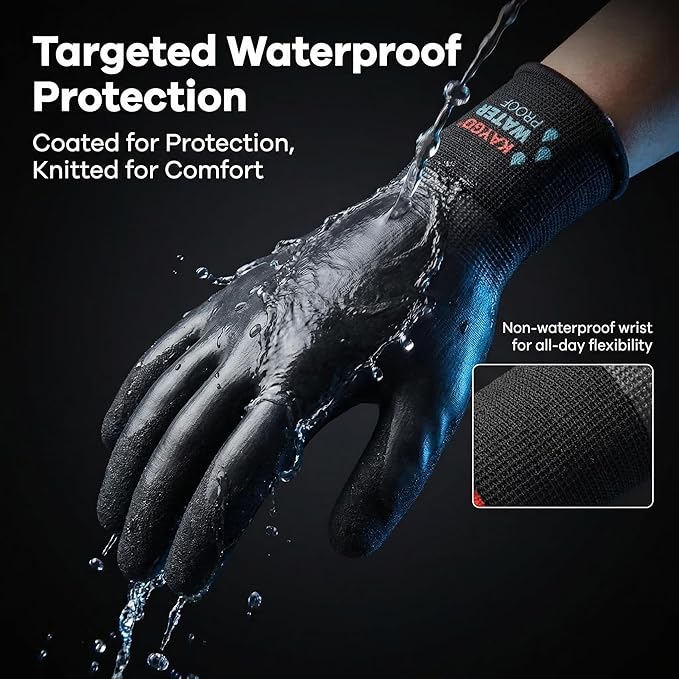 KAYGO Waterproof Work Gloves for Men and Women, Rubber Coated Non-slip Working Gloves for Garden, Outdoor Construction,KG150,Black,XL
