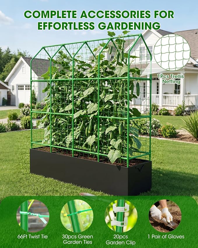 65" Cucumber Planter with Trellis for Climbing Plants Outdoor, Metal Garden Trellis for Raised Bed, Plant Support Structures with Netting for Cucumbers Tomatoes Beans Peas (67 * 17 * 65inch(L*W*H)