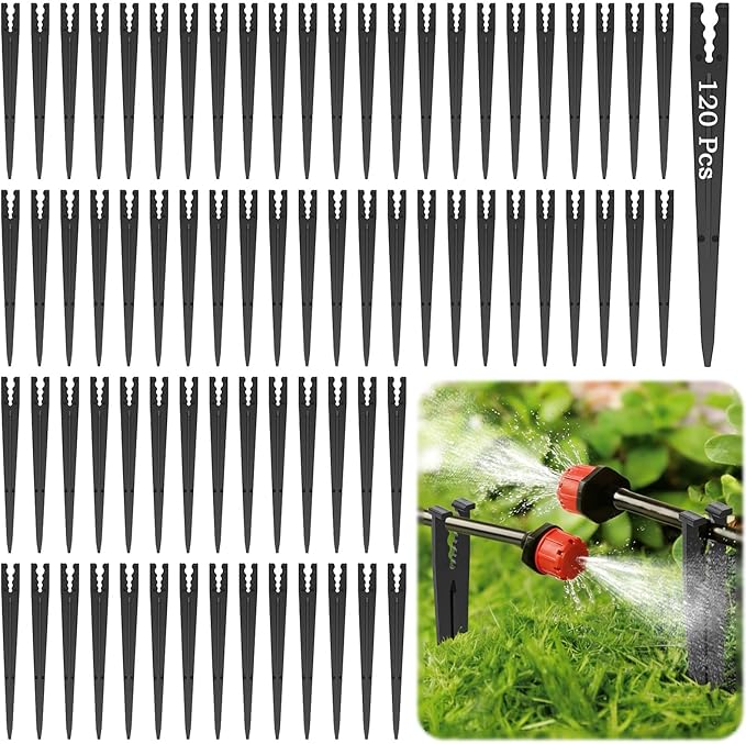 120 Pack Drip Irrigation Support Stakes, 5.68 Inch Plastic Stakes for 1/4″ Drip Tubing, Universal Hose Holders for Lawn, Vegetable Garden,Gardening,Greenhouse,Indoor/Outdoor Use