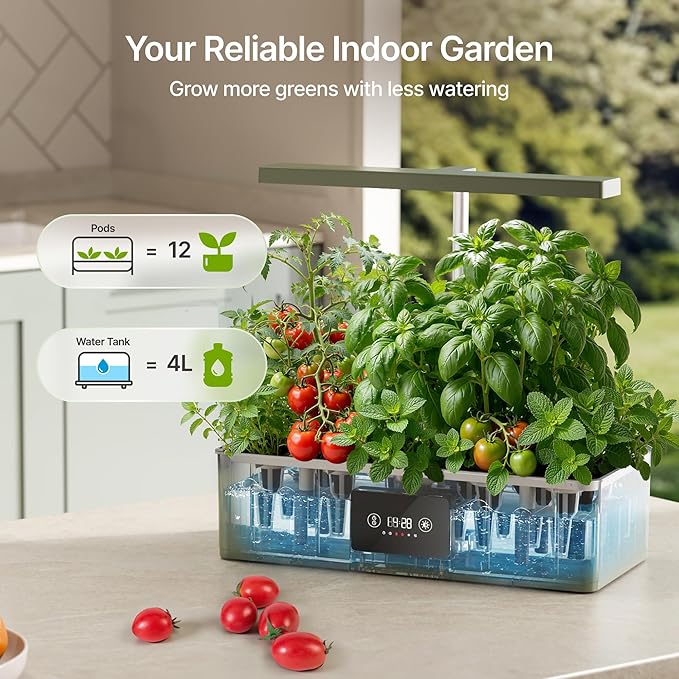 SUNCOZE Hydroponics Growing System Kit with 24W Dimmable Grow Light, 12 Pods Indoor Herb Garden with Timer & Local Time Setting, Adjustable Height, Smart Countertop Garden for Home & Kitchen, Green