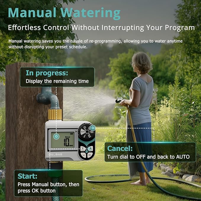 QUOBAS Zero Pressure Water Timer, Programmable Sprinkler Timer for Garden Hose Faucet with Brass Ports, Rain Delay/Manual/Automatic Irrigation System, Low Pressure Watering Compatible Rain Barrel