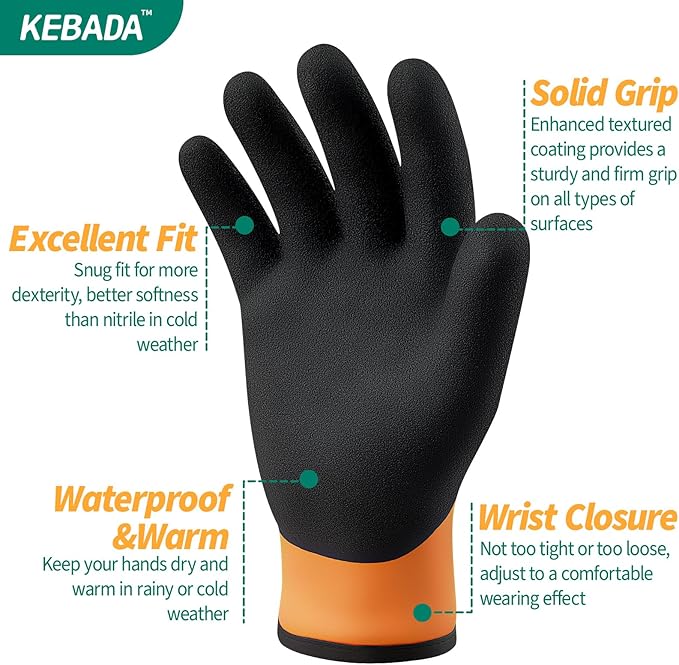 Kebada T2 Waterproof Winter Work Gloves for Men and Women - Thermal Insulated Freezer Gloves for Working in Freezer for Cold Weather, 100% Latex Coating, Wrist Closure, 1 Pair, Orange, X-Large