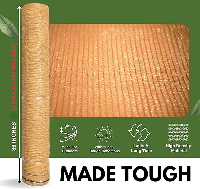 [WindscreenSupplyCo] 60% 5'10'' x 100 FT Eyelets Shade Cloth Roll Sunblock Shade UV Resistant Net for Garden Greenhouse Flower Plant Patio Kennel, Tan - PS6160TAN