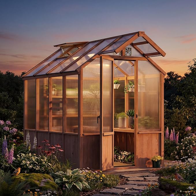 Modern Shade EverBloom 6.5'x8' Wooden Greenhouse, 8' Extra-Tall Cedar Wood Greenhouse with Built-in Outdoor Faucet Kit, Heavy Duty Greenhouse with Built-in Shelving, Power Strip & Ventilation System