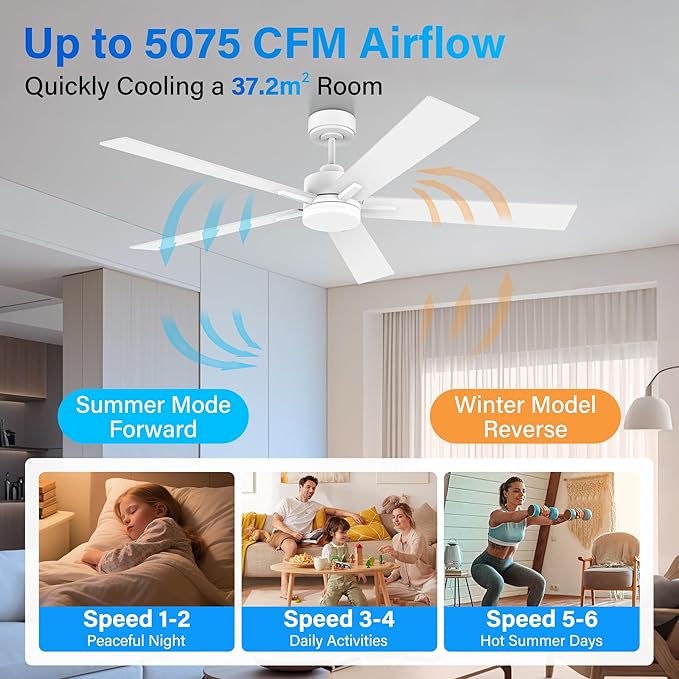 Lorpies 60” Smart Ceiling Fan with Lights Remote,Control via Alexa Google Voice App Wifi,Silent DC Motor,Dimmable,Outdoor Indoor Modern Ceiling Fans for Large Bedroom Patio Porch,White and Wood