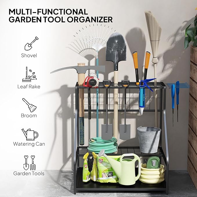 Outsunny Garden Tool Organizer for Garage, 3-Tier Yard Tool Storage Rack with Hooks for Long-Handled, Broom, Shovel, Rake, Metal Garden Tool Storage for Shed, Yard, Garage, Blue
