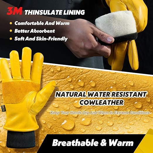 DLY Winter Work Gloves for Men, Insulated, Puncture and Abrasion Resistant, Cowhide Leather with Warm Thinsulate Lining for Cold Weather, X-Large, Yellow, New