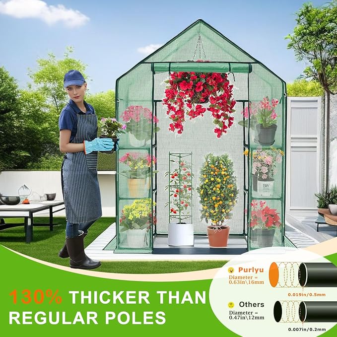 Purlyu Walk-in Greenhouse for Outdoors w/ Mesh Side Windows, 3 Tiers 6 Shelves PE Cover Green House Portable Warm House for Seedling Flowers Growing 20 Pcs T-Type Plant Tags Include (GHW001G)