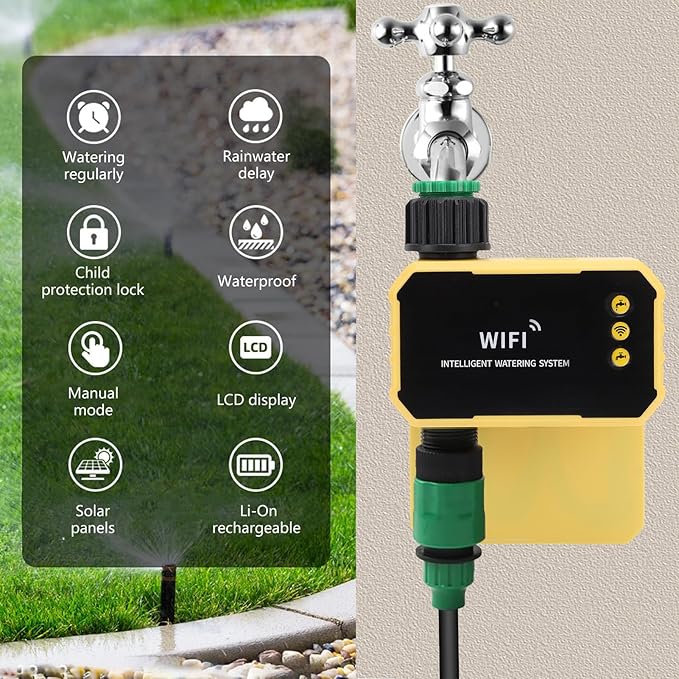 Eujgoov WiFi Solar Sprinkler Timer, Automatic Watering Controller with Rain Sensor and App Control for Villas Balconies Rooftop Gardens