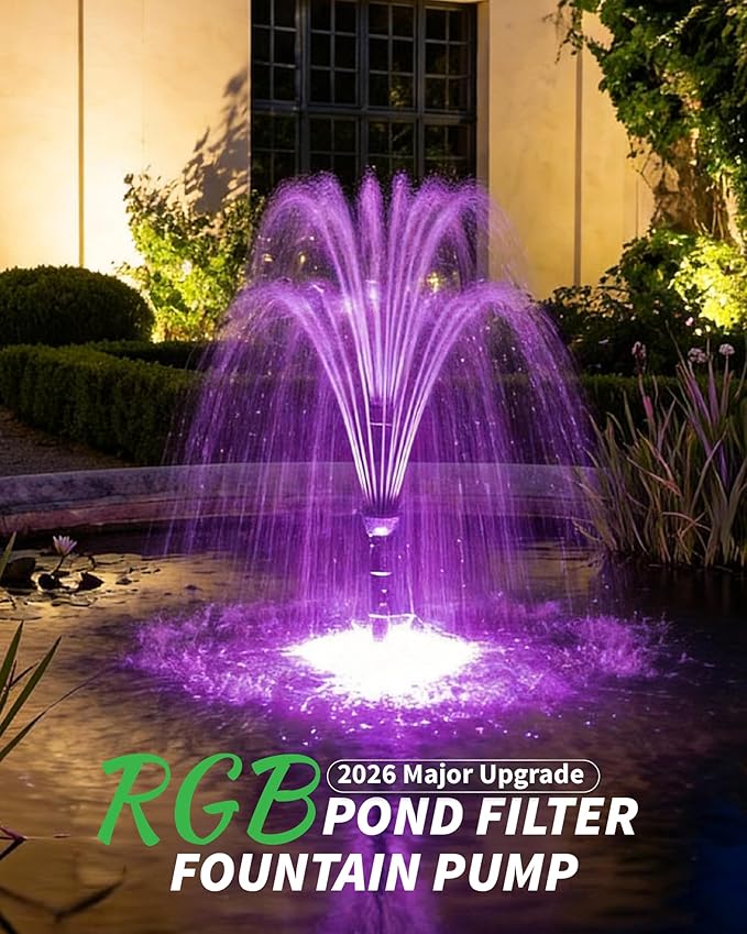 POPOSOAP Pond Filter with U-V Clarifier, 660GPH 40W Pond Pump and Filter Kit with RGB LED Lights, All-in-One Pond Fountain for Outdoor Ponds Up to 1300 Gallons P2360