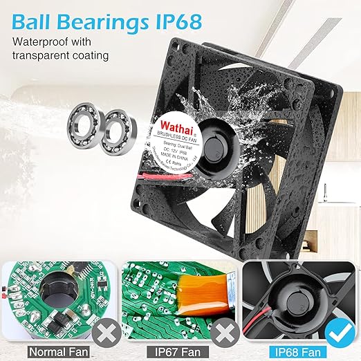 Wathai 2PCS IP68 80mm x 25mm 12V Waterproof Cooling Fan High Airflow Dual Ball DC 12v Exhaust Fan 2Pin for DIY RV Fridge Refrigerator Solar Battery Box Cabinet Ventilation Cooling
