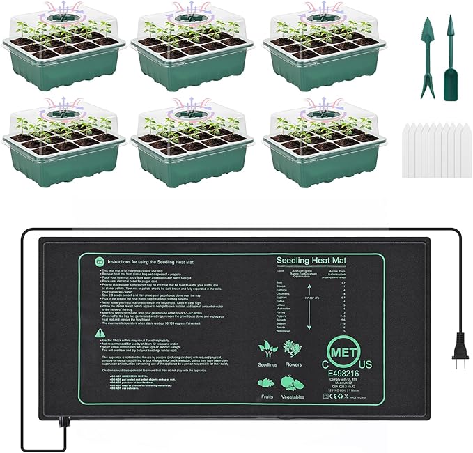 Sckee 6 Pack Seed Starter Tray with 10"x20.75" Seedling Heat Mat, Seed Starter Kit with Humidity Dome, Seed Starting Trays Plant Starter Kit and Base, Kit for Seeds Growing Starting