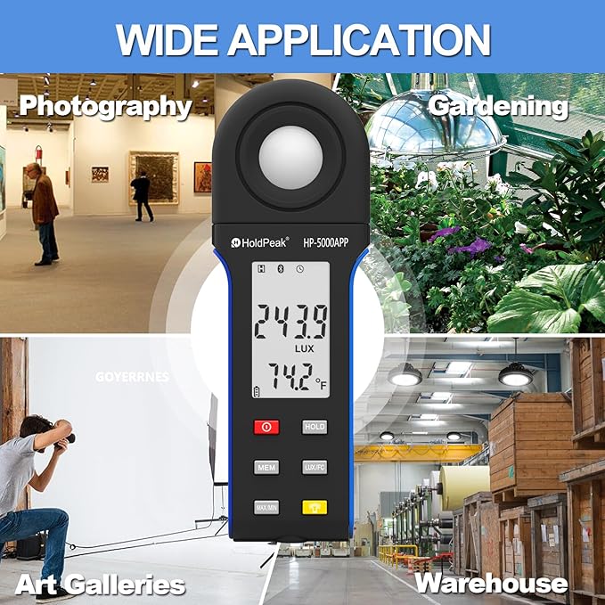 HoldPeak Illuminance Light Meter with Bluetooth, Digital Lux Foot Candles Meter 0.1~400,000 Lux with 270º Rotating Sensor, Lumen Meter Luxmeter for Plants, Car Headlights, Home & Office LEDs