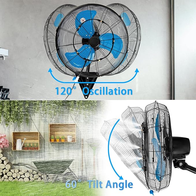20" Wall Mount Fan with Misting, 7100CFM Heavy Duty Wall Fan with 3-Speed & Adjustable Tilt, High Velocity Industrial Oscillating Fans for Garage, Factory, Patio, Indoor, Greenhouse, Porch, ETL Listed