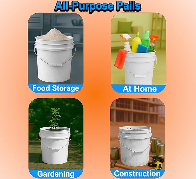 MKS Plastics 5-Gallon Bucket Only – No Lid Included, Made in USA, Food Grade BPA Free Plastic, Heavy Duty Multi-Use, Metal Handle with Grip, Stackable Storage – White, 1 Pack