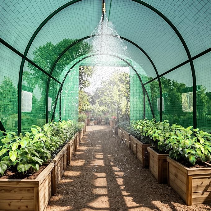 Greenhouse with Watering System, Outdoor Greenhouse with 6 Mesh Windows and 1 Door, Greenhouses with Drip Irrigation System for Plants, Seedlings, Flowers and Garden Raised Beds (10x10x7 FT)