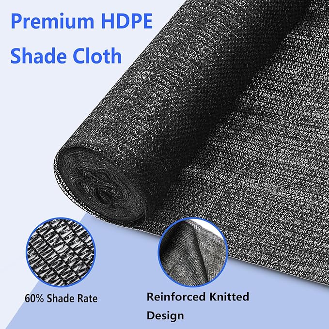 60% Shade Cloth Roll 6ft x 100ft - HDPE Sun Shade Fabric Roll, UV Block Cuttable Shade Mesh for Garden, Greenhouse, Patio, Pergola - Black Outdoor Sunblock Shade Netting