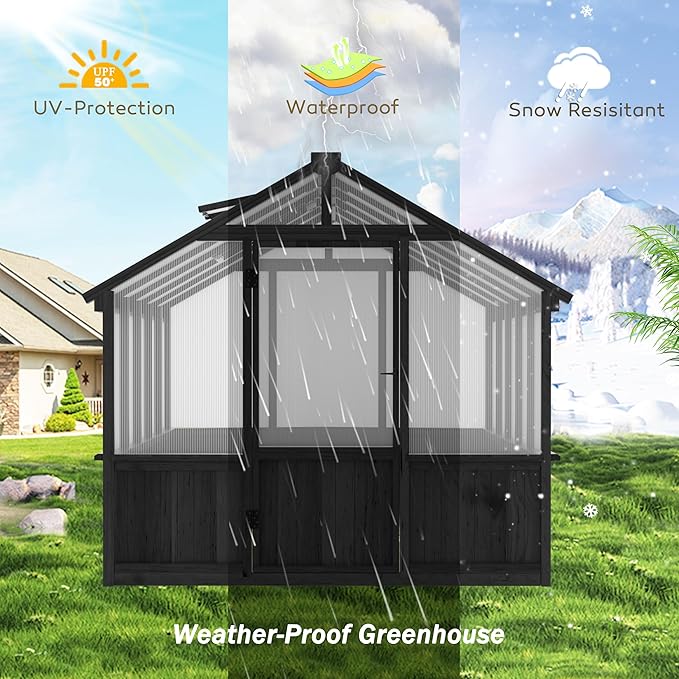 Yardenaler 8x10 FT Greenhouse Kit with 6MM Thick Polycarbonate Panel for Outdoor, Wooden Walk-in Green House with Adjustable Roof Vent and Lockable Door, Backyard, Garden, Black