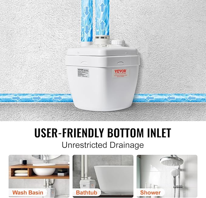 VEVOR 1/3 HP 120-Volt 1750 GPH Flow 18 ft Head Under-Sink Sump Pump System with Copper Wire Motor, Heavy-Duty Utility/Laundry Drain Pump, White