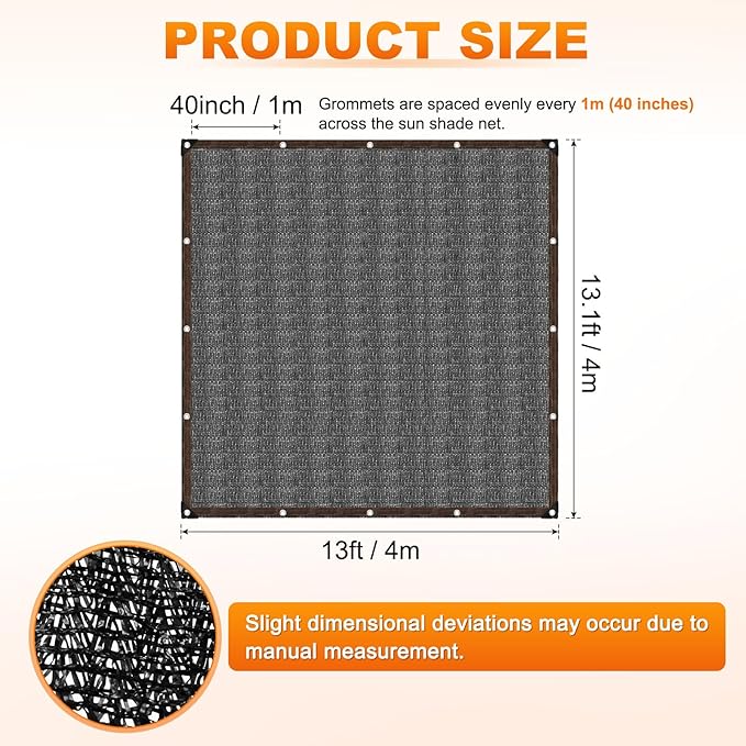 M METERXITY 90% Sun Shade Cloth for Garden, HDPE 13x13 ft Sun Shade Net with Reinforced Grommets for Patio/Greenhouse/Plant Cover, Heavy Duty Sunblock Resistant Mesh Tarp [Black]