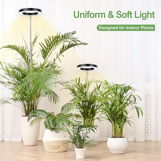 LBW Plant Grow Light, 72 LEDs Full Spectrum Grow Lights for Indoor Plants, Plant Lamp with 4 Dimmable Levels, 4/8/12H Timer, 10.4”-59”Height Adjustable, Halo Plant Lamp for Tall Plants, Black, 2 Pack