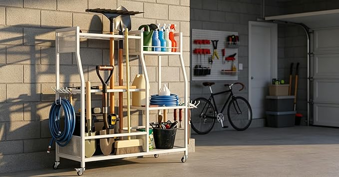 HOTEAGLE Yard Tool Organizer for Garage 35.4" Width High Stability Outdoor Metal Utility Rolling Cart with Mute Wheels, 18.5mm Thick Rods Ideal Garden Tool Rack, Easy to Clean,White