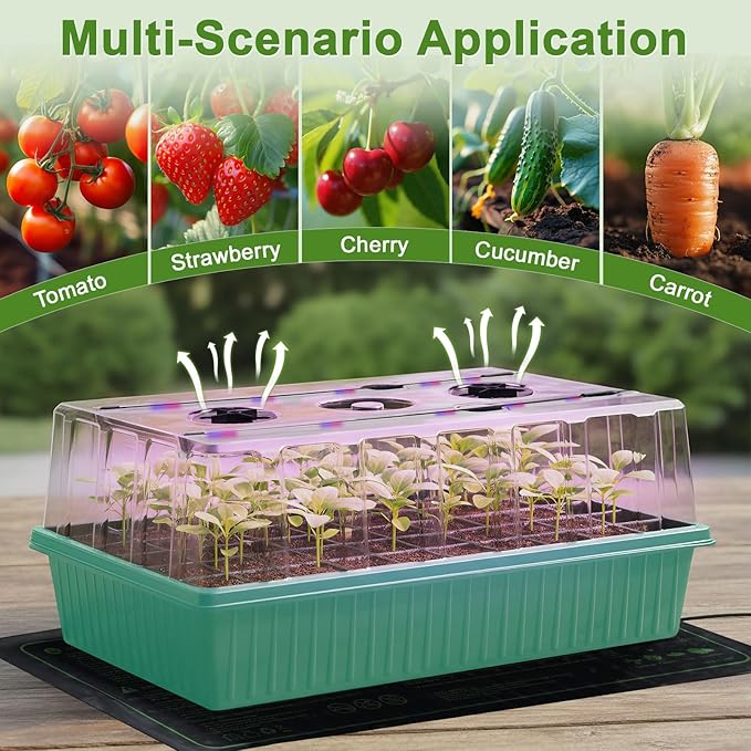 60-Cell Self-Watering Seed Starter Tray with Grow Light, Indoor Seed Starting Kit Trays with Heat Mat, Adjustable Brightness Plant Germination Trays Growing Kit with 4.13" Humidity Dome for Seed Grow