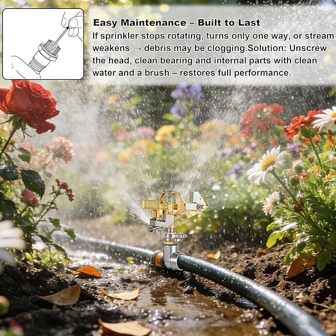 Triumpeek 2 Packs Impact Sprinkler on Spike Base, Heavy Duty Brass Water Sprinkler Head with Aluminum Alloy Stand, Adjustable 360 Degree Large Area Irrigation Sprinkler for Yard Lawn Patio Garden