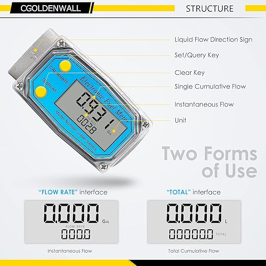 CGOLDENWALL 1 inch 3/4 inch Turbine Flow Meter 2.5~26GPM Fuel Meter Digital Liquid Flowmeter with with 2 NPT Adapters Flow Meter for Water, Diesel, Kerosene, Gasoline with Gallon Unit