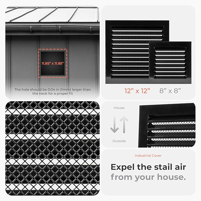 12" x 12" Inch Black Galvanized Steel Vent Cover - Square Industrial Air Vent Louver for Wall, House, Garage - Wire Screen Mesh Louver Grille - Soffit Exhaust Vent, Dryer Vent Cover
