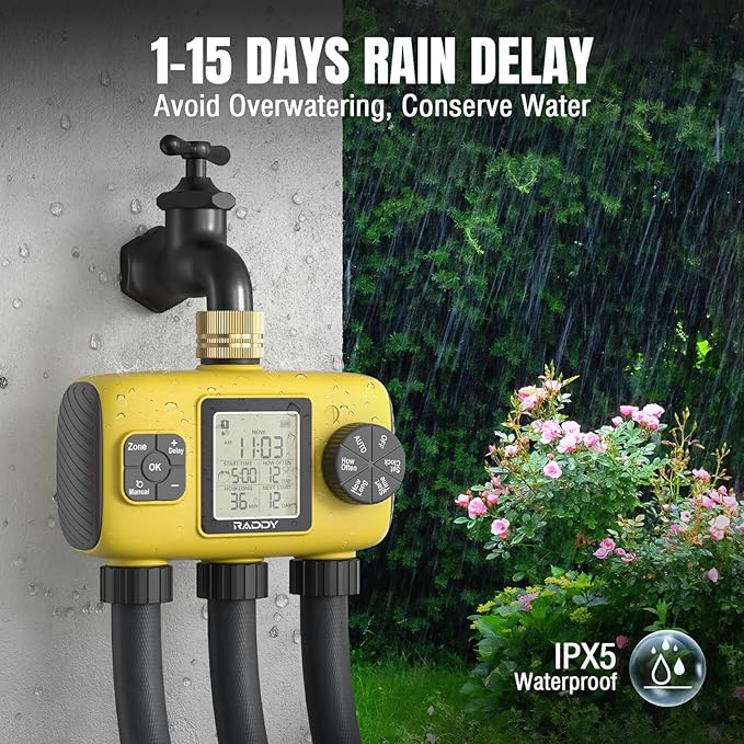 Raddy WS-8 Sprinkler Timer 3 Zone, Heavy-Duty Outdoor Irrigation Controller with Manual Watering, Rain Delay, High-Pressure 6V Valve, Fully Waterproof for Garden Yard, Yellow