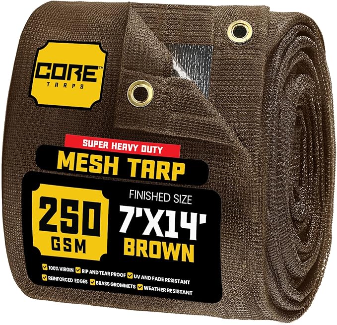 Core Tarps 60% Brown Shade Cloth with Grommets - 7 X 14 FT Heavy Duty Mesh Tarp - Sun Shade Cloth for Garden Vegetables Plants Greenhouse Outdoors Backyard Fences Dump Trucks Patio Mesh Shade Tarp