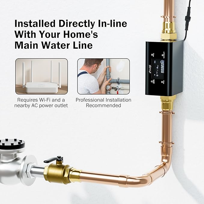 Frizzlife LP365 Smart Water Monitor and Automatic Shutoff - 0.01GPM Ultrasonic Micro Leak Detection, APP Wi-Fi Remote Control, Real-Time Flow/Temp Monitoring, 24/7 Water Usage Reports, 1.25" and 1"