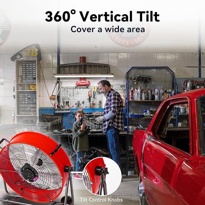 24 Inch Industrial Drum Fan 8800 CFM High Velocity Floor Fan for Garage, Warehouse & Workshop - 3-Speed Heavy Duty Metal Fan with 360° Tilt, Wheels & UL Safety Listed